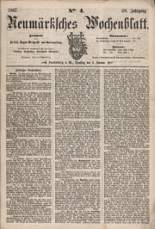 Neum&auml;rksches Wochenblatt : Zeitschrift f&uuml;r Politik, Tages-Ereignisse und Unterhaltung, 1867, Jg. 48, Nr. 4
