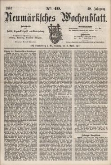 Neum&auml;rksches Wochenblatt : Zeitschrift f&uuml;r Politik, Tages-Ereignisse und Unterhaltung, 1867, Jg. 48, Nr. 40
