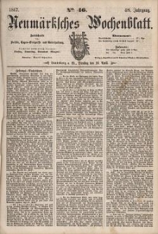 Neum&auml;rksches Wochenblatt : Zeitschrift f&uuml;r Politik, Tages-Ereignisse und Unterhaltung, 1867, Jg. 48, Nr. 46